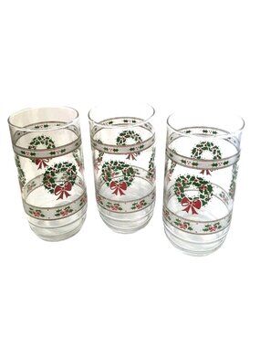Christmas Glass Set Holly Wreath & Berry Pattern 12 oz Tumblers Vintage Libbey